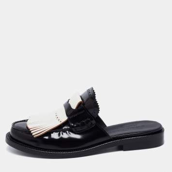 Pre Owned Burberry Two Tone Leather Beckshill Fringe Details Flat Mules Size 39.5