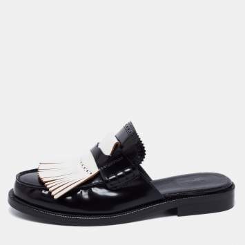 Pre Owned Burberry Two Tone Leather Beckshill Fringe Details Flat Mules Size 39