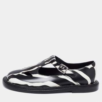 Pre Owned Burberry Black/White Leather Zebra Print T Bar Loafers Size 39.5 
