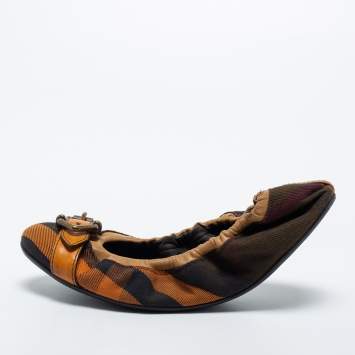 Pre Owned Burberry Multicolor Nova Check Canvas and Leather Buckle Scrunch Ballet Flats Size 39