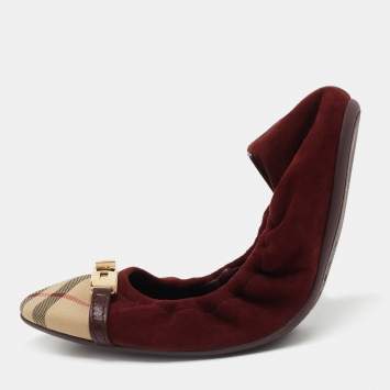 Pre Owned Burberry Burgundy Suede  and Coated Canvas Cap Toe Scrunch Ballet Flats Size Size 39.5
