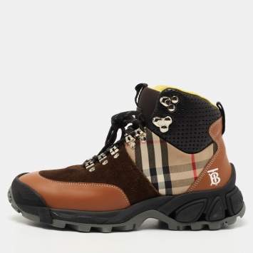 Pre Owned Burberry Brown House Check Leather and Suede Tor Hiking Boots Size 36