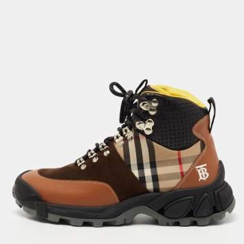 Pre Owned Burberry Multicolor Leather and Suede Tor Hiking Boots Size 36.5