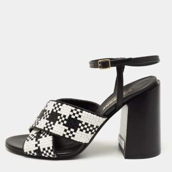 Pre Owned Burberry White/Black Woven Leather Block Heel Sandals Size 36