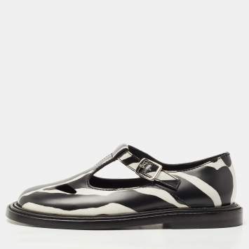 Pre Owned Burberry Black/White Leather Zebra Print T Bar Loafers Size 37