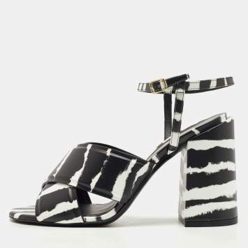 Pre Owned Burberry Black/White Leather Castlebar Block Heel Ankle Strap Sandals Size 38
