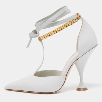 Pre Owned Burberry Pebble Grey Leather Welton Chain Detail T Strap Ankle Tie Pumps Size 36.5