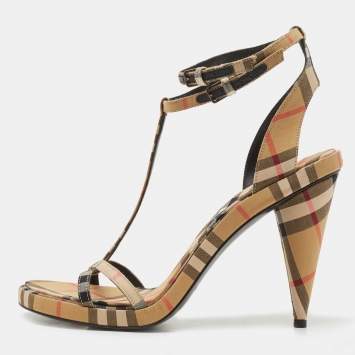 Pre Owned Burberry Beige Novacheck Fabric Hans T Strap Sandals Size 39