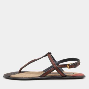 Pre Owned Burberry Brown/Black Leather Flat Thong Sandals Size 37