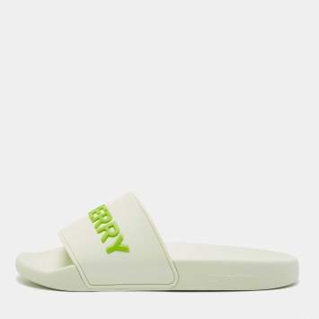 Pre Owned Burberry Green Rubber logo Embossed slides Size 39