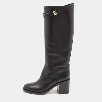 Pre Owned Burberry Black Leather Buckle Knee Length Boots Size 40