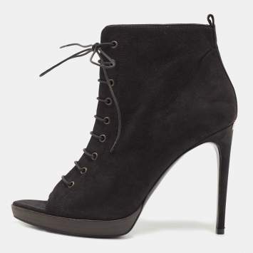 Pre Owned Burberry Black Nubuck Leather Peep Toe Lace Up Ankle Boots Size 40