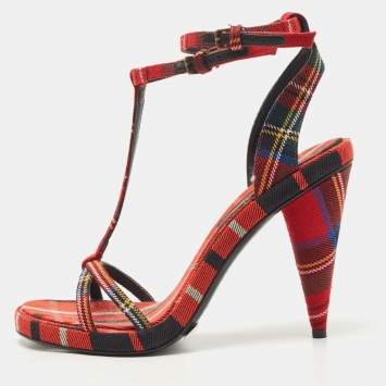 Pre Owned Burberry Red Checkered Canvas Hans T Strap Sandals Size 38.5