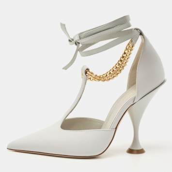 Pre Owned Burberry Pebble Grey Leather Welton Chain Detail T Strap Ankle Tie Pumps Size 36.5