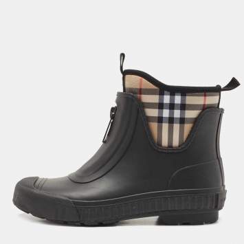 Pre Owned Burberry Black Rubber and Vintage Check Neoprene Rain Boots Size 37