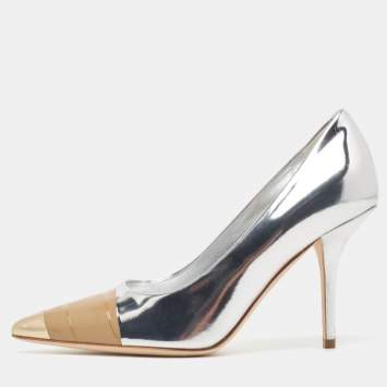 Pre Owned Burberry Silver Patent Pointed Toe Pumps Size 36.5