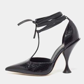 Pre Owned Burberry Black Snakeskin Leather Welton T Strap Ankle Wrap Pumps Size 37.5
