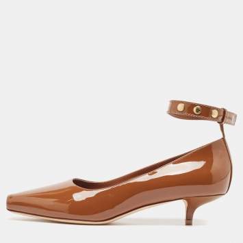 Pre Owned Burberry Brown Patent Leather Dill Kitten Heel Pumps Size 38.5