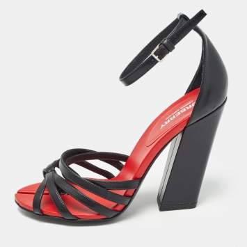 Pre Owned Burberry Black/Red Leather Hove Heel Ankle Strap Sandals Size 36