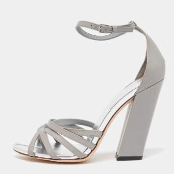 Pre Owned Burberry Grey  Leather Hove Heel Ankle Strap Sandals Size 38