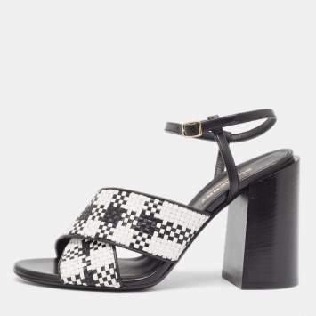 Pre Owned Burberry White/Black Woven Leather Block Heel Sandals Size 37