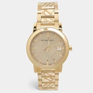 Pre Owned Burberry Gold Check Stamped Gold Plated Stainless Steel The City BU9038 Unisex Wristwatch 38 mm