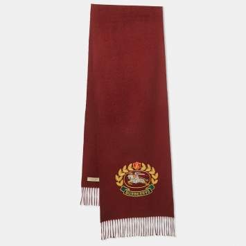 Pre Owned Burberry Brit Burgundy Logo Embroidered Cashmere Fringed Muffler