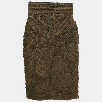 Pre Owned Burberry Prorsum Khaki Green Ruffled Leather Knee Length Skirt S