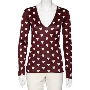 Pre Owned Burberry Prorsum Burgundy Heart Print Knit & Silk Sweater S