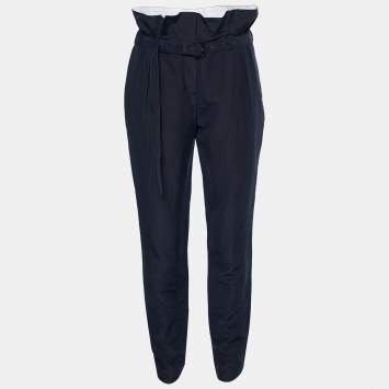 Pre Owned Burberry Prorsum Navy Linen Silk Paperbag Waist Trousers M
