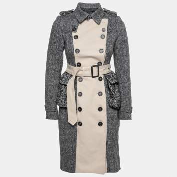 Pre Owned Burberry Prorsum Grey Knit & Cotton Paneled Double Breasted Coat XS