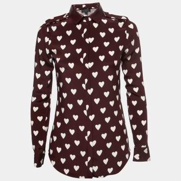 Pre Owned Burberry Prorsum Burgundy Heart Printed Silk Collared Shirt S
