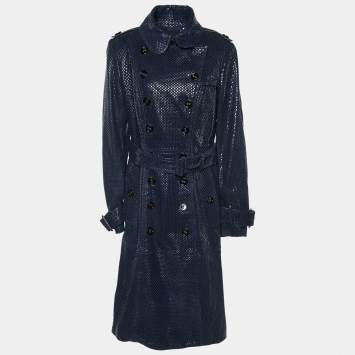 Pre Owned Burberry Prorsum Navy Blue Checker Pattern Leather Double Breasted Trench Coat M