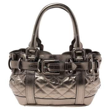 Pre Owned Burberry Metallic Gunmetal Quilted Leather Beaton Tote