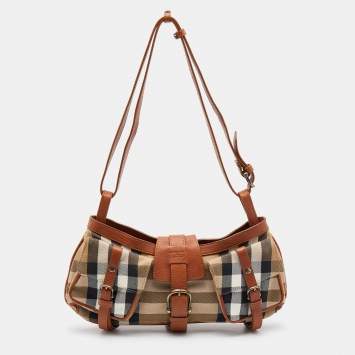 Pre Owned Burberry Beige/Brown House Check Canvas and Leather Shoulder Bag