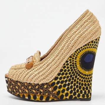 Pre Owned Burberry Beige Raffia and Fabric Open Toe Wedge Pumps Size 38.5