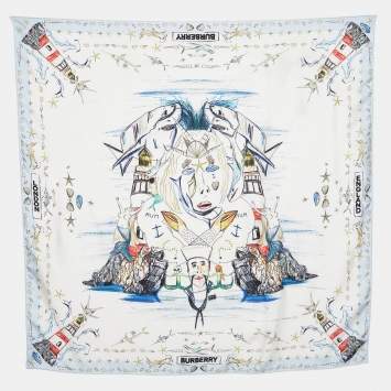 Pre Owned Burberry White Marine Sketch Print Silk Scarf