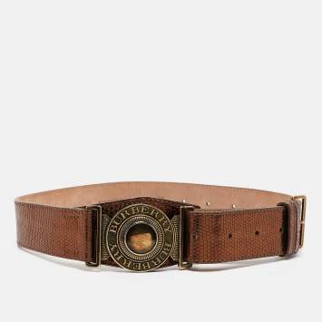 Pre Owned Burberry Bronze Lizard Embossed Leather Logo Buckle Belt Size 70CM