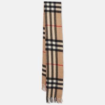 Pre Owned Burberry Beige Nova Check Cashmere Fringed Scotland Scarf
