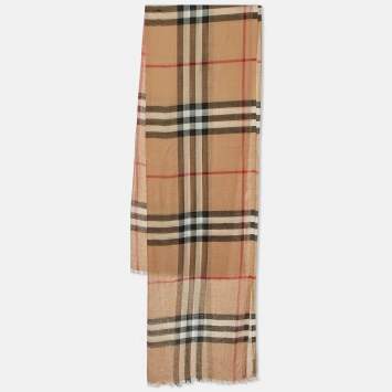 Pre Owned Burberry Beige Nova Check Silk & Wool Scarf