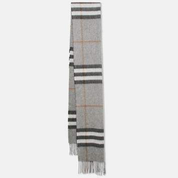 Pre Owned Burberry Grey Classic Check Cashmere Fringed Stole 