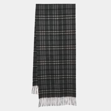 Pre Owned Burberry Dark Grey Checked Cashmere Fringed Stole