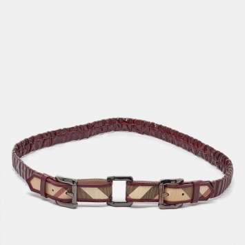 Pre Owned Burberry Red/Beige Nova Check Patent Leather and PVC Scrunch Belt 110CM