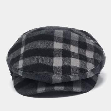 Burberry Black Cashmere Blend Nova Checks Newsboy Cap M