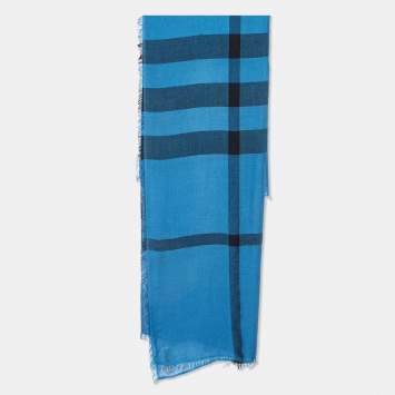 Pre Owned Burberry Blue Giant Check Fringed Cashmere Scarf