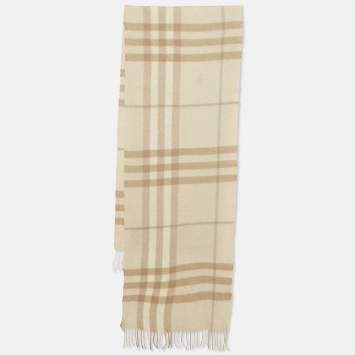 Pre Owned Burberry Beige Checked Cashmere Fringed Scarf 