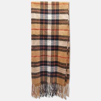 Pre Owned Burberry Vintage Beige Check Pattern Wool Fringed Scarf