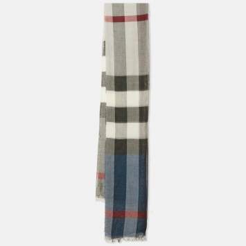 Pre Owned Burberry Blue/Grey Checked Raw Edge Scarf 