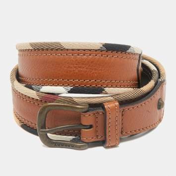 Burberry Brown/Beige Housecheck Canvas and Leather Buckle Belt 90CM