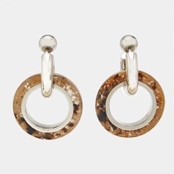 Pre Owned Burberry Caramel Marbled Resin SilverTone Double Grommet Earrings